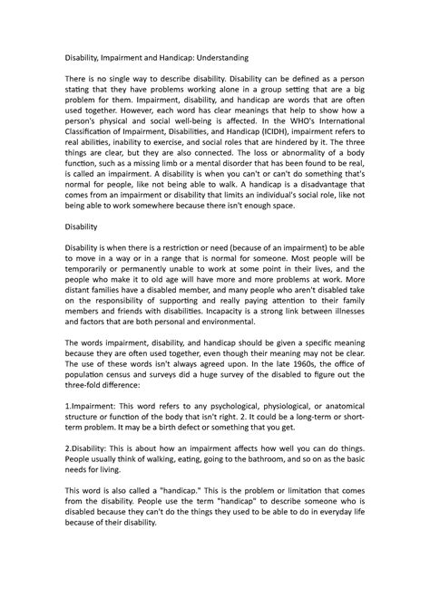 Disability, Impairment and Handicap Understanding - Disability can be ...