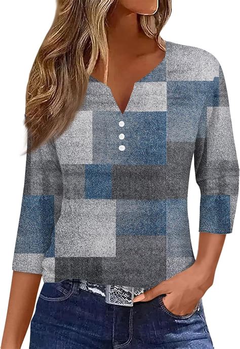 3/4 Sleeve Tops for Women 2025 Fall Henley Neck Shirts Elbow Sleeve Tshirts