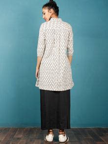 Off White Grey Hand Woven Ikat Cotton Tunic With Stand Collar - Tun08F ...