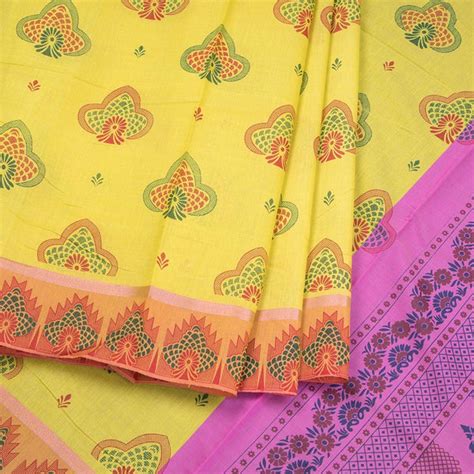 Lemon Yellow Poly Cotton Printed Saree – Kumaran Silks