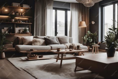 Hygge interior design of modern living room with rustic furniture ...