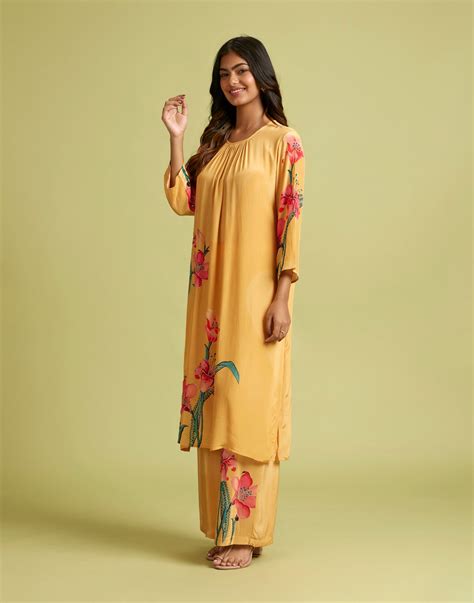 Mustard Yellow Floral Printed Crepe Kurta Set – Roopkala