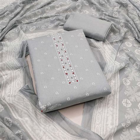 Grey Floral Printed Pure Cotton Dress Material