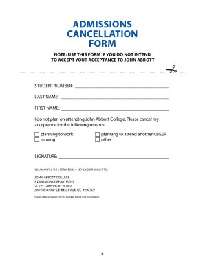 Fillable Online departments johnabbott qc ADMISSIONS CANCELLATION FORM ...
