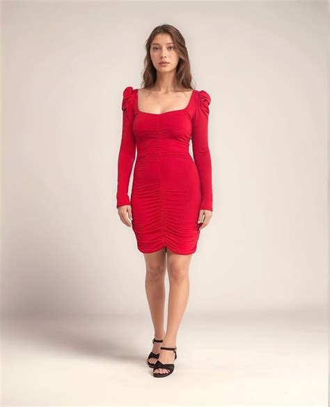 Red Long Sleeve Ruched Bodycon Dress – Outzidr