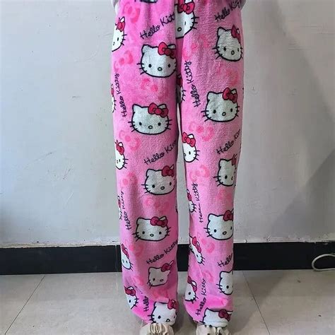 Hello Kitty Pajama Pants Sanrio Anime Fleece Double Elastic Fabric Soft ...