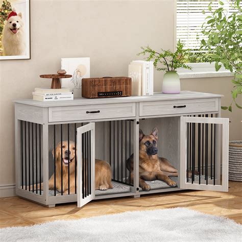 NARTRU 72.4" Large Double Dog Crate Kennel Furniture with Divider and 2 Drawers for 2 Medium or ...