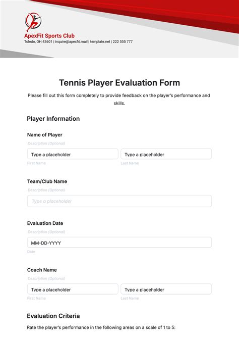 Free Tennis Player Evaluation Form Template to Edit Online