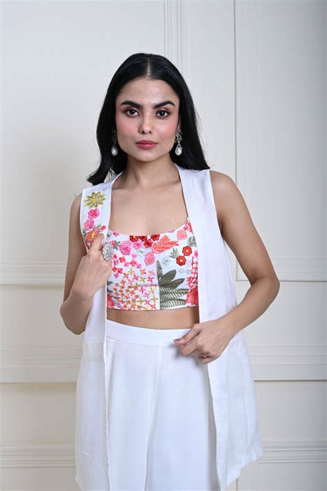 White Sharara Set with Jacket and Multicolor Embroidery Crop Top – Anvi ...