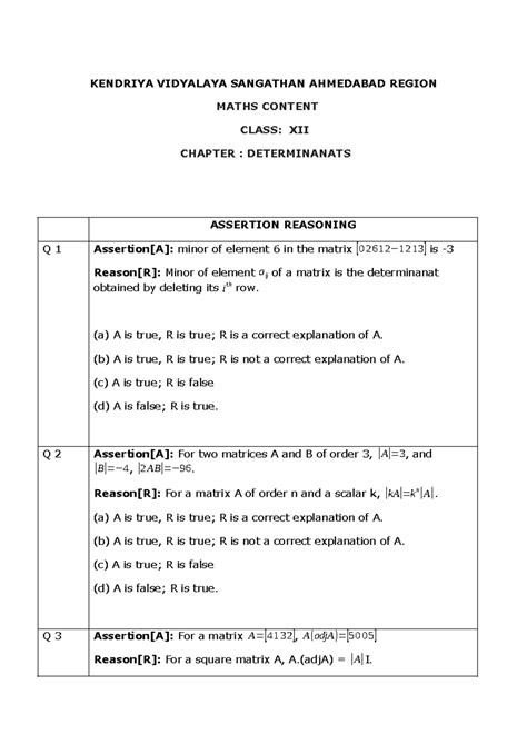 Class XII Maths Chapter: Determinants Assertion Reasoning Q&A - Studocu