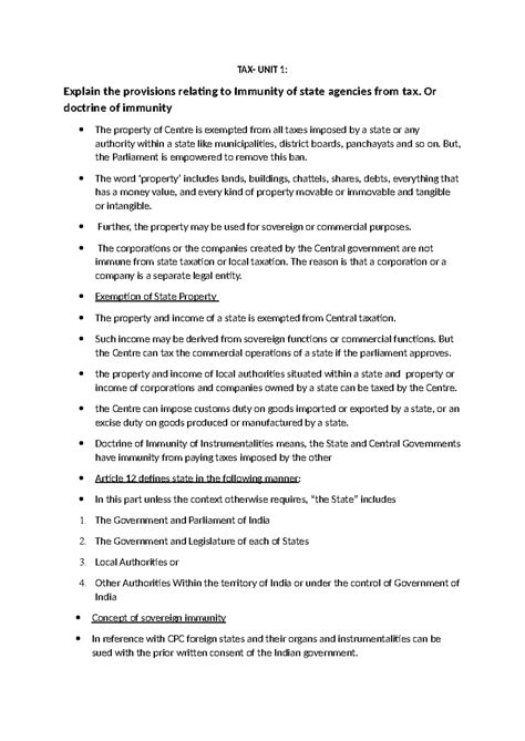 Tax Law Study Notes: Immunity of State Agencies (TAX- Unit 1) - Studocu