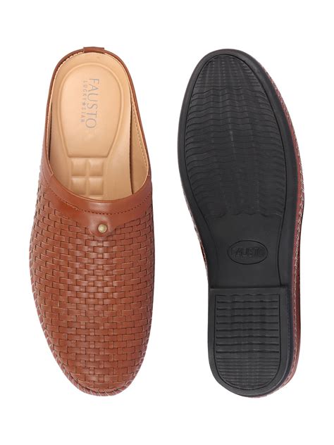 Shop Men Tan Back Open Knit Design Stitched Ethnic Casual Mules Online