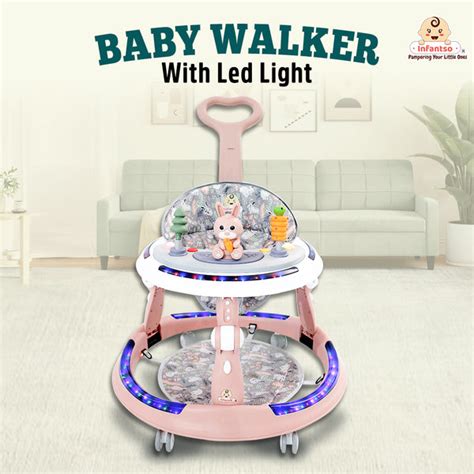 4-in-1 Premium Baby Walker with LED Light, 4-Level Cushion Seat & 3-le ...