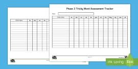 Phase 2 Tricky Words Whole Class Assessment Record