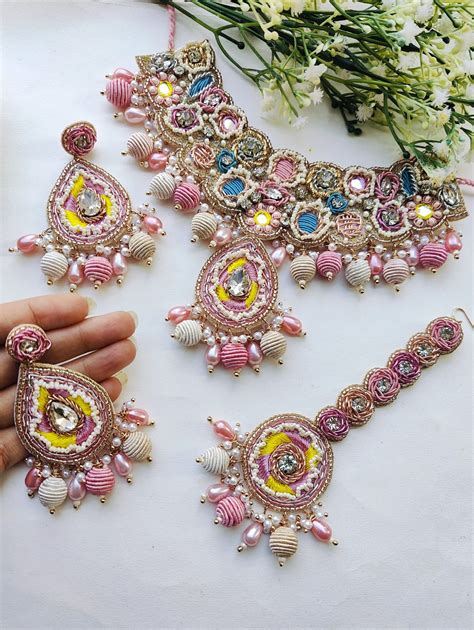 Handmade Pink Floral Jewelry Set for Haldi & Mehndi Occasions