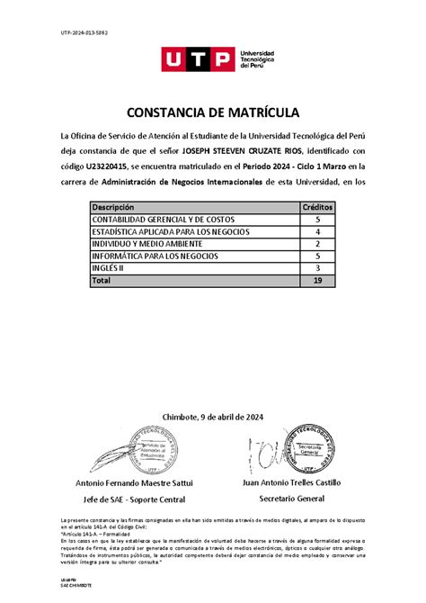 Constancia de matrícula - UTP-2024-013- CONSTANCIA DE MATRÍCULA La ...