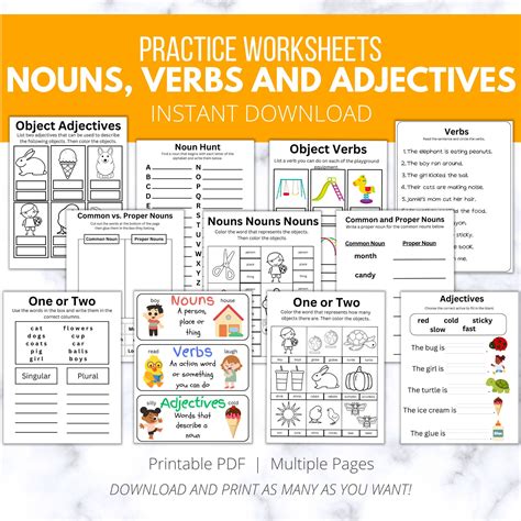 60 Nouns, Verbs, Adjectives Worksheets, Parts of Speech Classroom ...