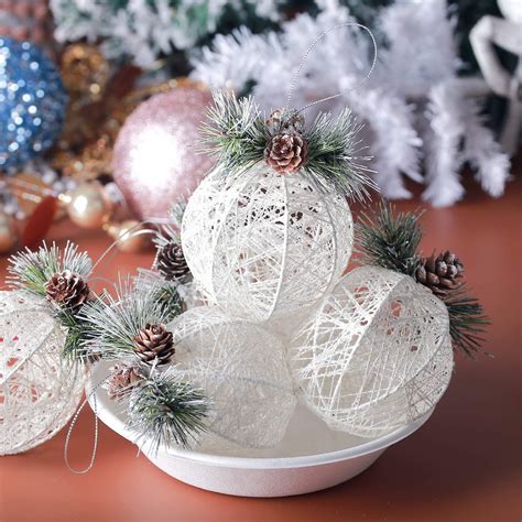 Buy Christmas Ball Ornaments, 4pc Set White Pinecone Rattan Thread ...