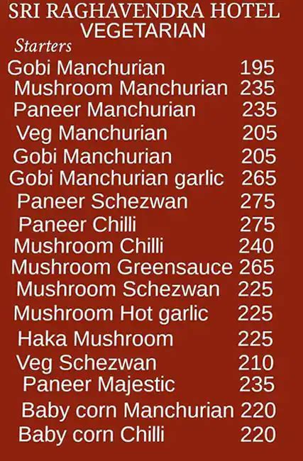Menu of Sri Raghavendra Udupi Veg, Mithila, Hyderabad
