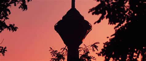 Download wallpaper 2560x1080 tower, building, dark, branches, dusk dual ...