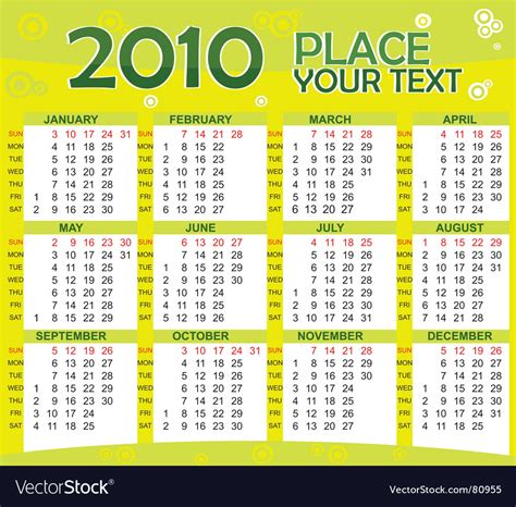 Colorful calendar for year 2010 Royalty Free Vector Image