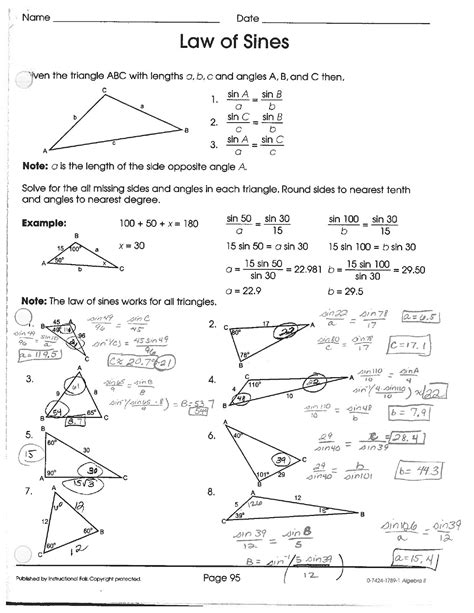 Trigonometry The Law Of Sines Worksheets Answers