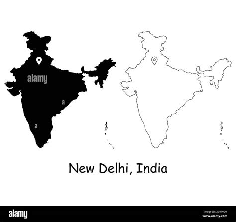 New Delhi India. Detailed Country Map with Location Pin on Capital City. Black silhouette and ...