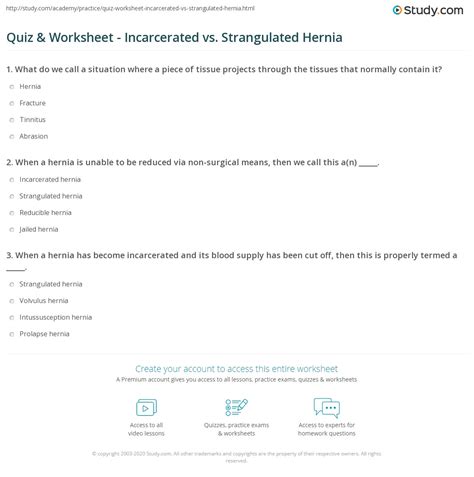 Quiz & Worksheet - Incarcerated vs. Strangulated Hernia | Study.com