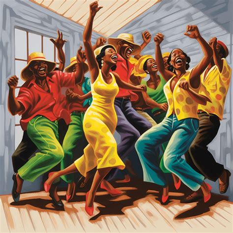 a group of black people dancing, dressed in red, green and yellow, the ...
