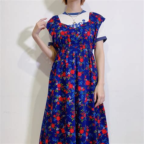 70s navy and red flower printed sleeveless dress | LEMON