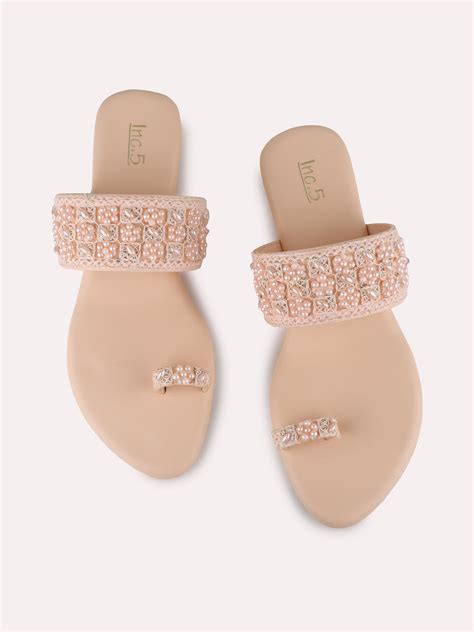 Buy Now Womens Peach Ethnic Embellished One Toe Flat Slip-On Sandals