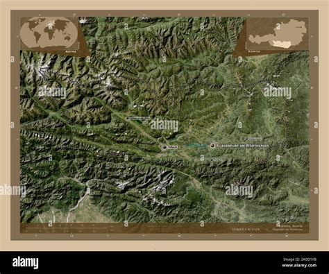 Karnten, state of Austria. Low resolution satellite map. Locations and names of major cities of ...