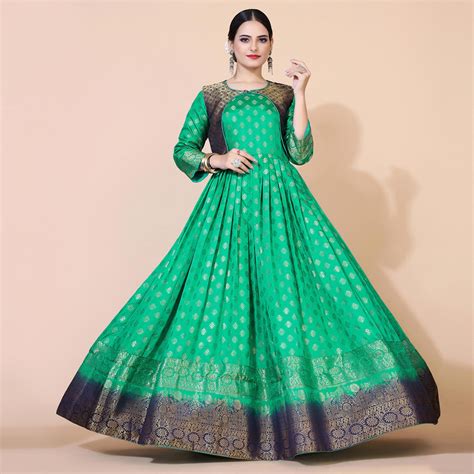 Green Floral Woven Jacquard Anarkali Style Gown
