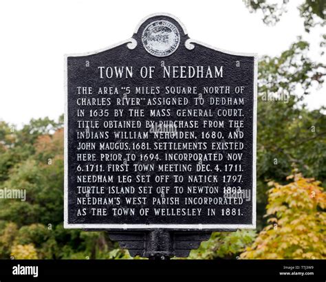 Information sign about the historic Town of Needham, Massachusetts, USA ...