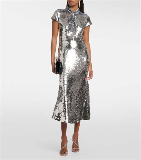 Sequined Midi Dress in Silver - Self Portrait | Mytheresa