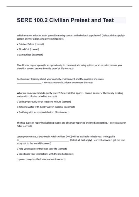 SERE 100.2 Civilian Pretest and Test Question and answers correctly ...