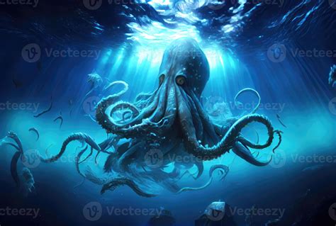 Kraken under the deep sea attacking and sinking the ship. Mythical ...