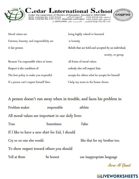 Moral Values Worksheet 的图像结果