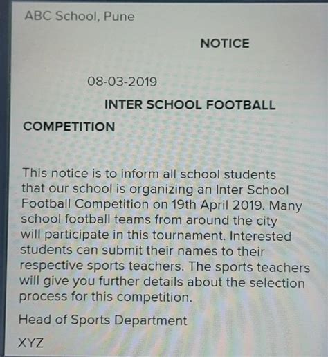 Inter school football tournament notice - Brainly.in