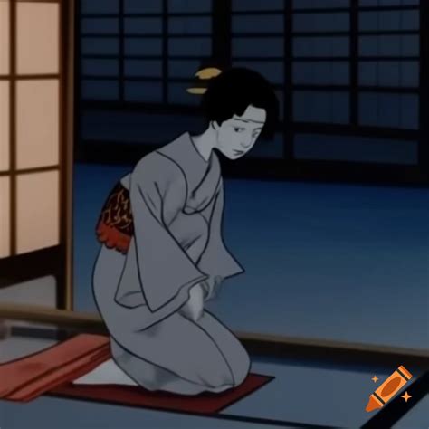 Japanese woman in kimono crying on floor mat on Craiyon