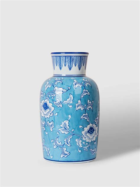 Handpainted Blue Pottery Vase with Turquoise Base & White Flowers ...