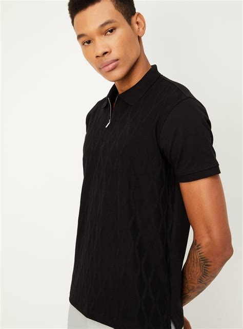Buy Men Slim Fit Geometric Patterned Zip Polo T-shirt Online at just Rs ...