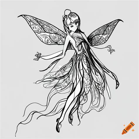 Detailed line drawing black white coloring page fairy