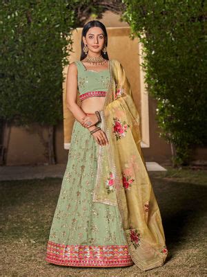 Buy Odette Green Georgette Embellished Semi Stitched Lehenga with ...