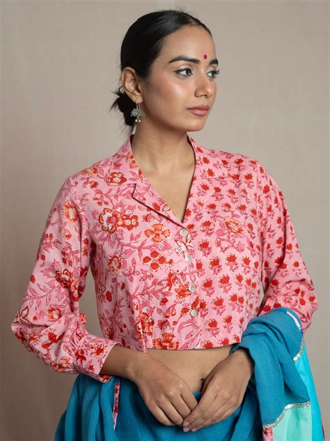 Save As - Masakali Blouse | Pink Floral Design, Notched Collar