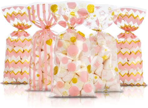 Amazon.com: Pasimy 100 Pcs Pink Stripes Candy Bags Pink Cellophane ...