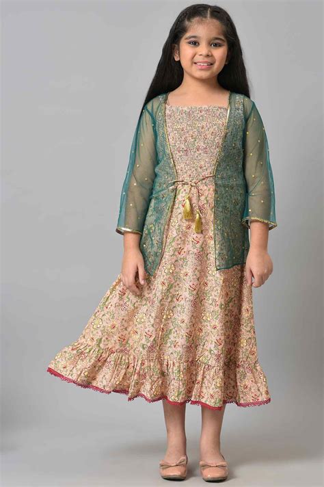 Buy Girls Green Poly Net Gillet With Pink Floral Printed Dress Online ...