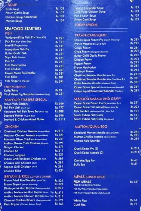 Menu at OCEAN SPICE, Salem