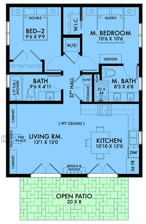 Plan 42922 | Small Ranch Home Floor Plan with Two Bedrooms and Tw