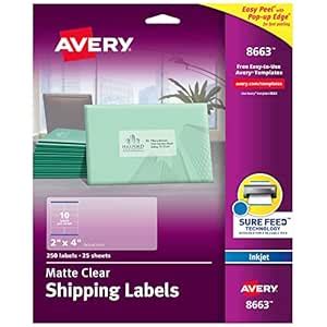 Avery 8663 Ink Jet Clear Address Labels, 2 x 4, 250 per Pack : Amazon ...